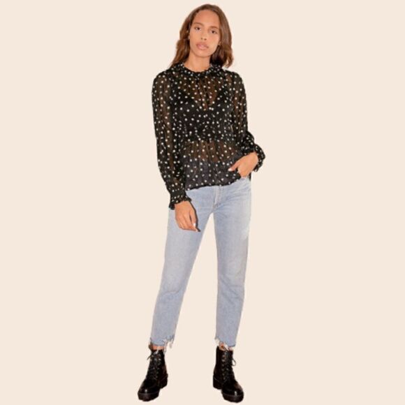 Zara Black & White Floral Embroidered Sheer High Neck Long Sleeve Top Size XS - Picture 2 of 13